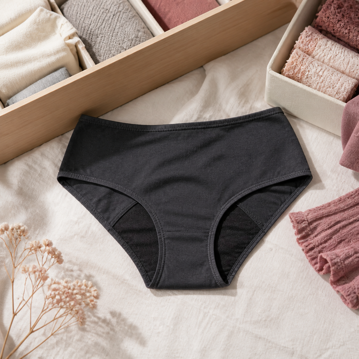 Bikini cut reusable period underwear flat lay
