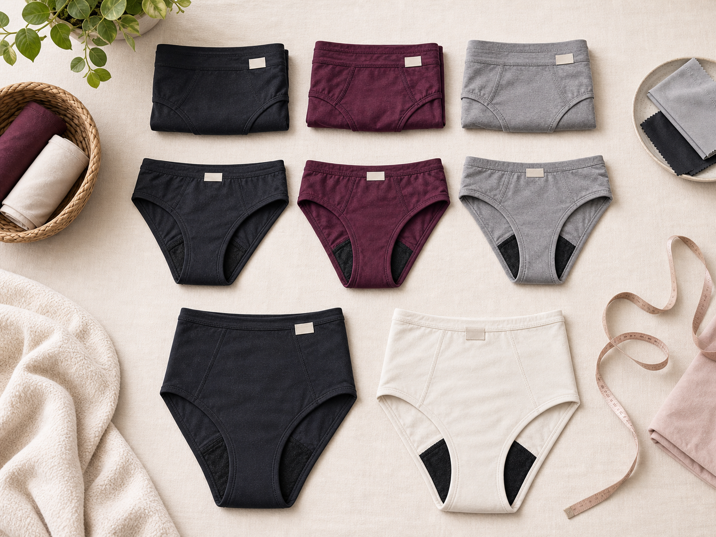 Reusable period underwear fit comparison flat lay