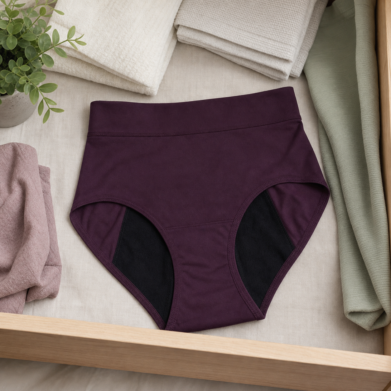 High-waisted reusable period underwear flat lay